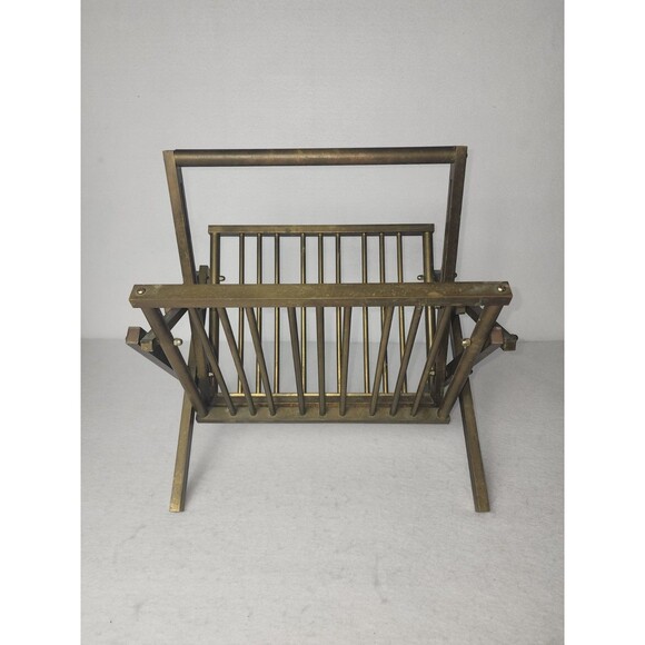 Vintage Solid Brass Folding Magazine Record Rack Holder MCM